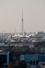 Obraz premium Panoramic view of Saint Petersburg with the tall TV tower rising above city buildings and residential areas in soft daylight.