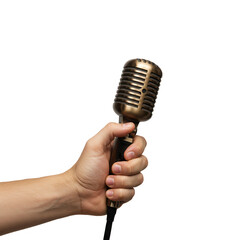 Hand holding vintage microphone isolated on transparent background