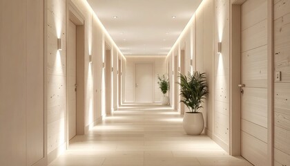 Elegant, bright hallway perspective showcases symmetrical design, featuring multiple closed doors, ambient lighting, and potted plants, creating a serene and inviting ambiance.