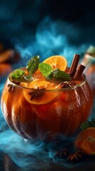 Whimsical festivity: halloween bowl with orange and mint garnish. Hero poster. Exquisite halloween punch in a pumpkin: a touch of spooky elegance. Poster graphics. Scifi poster.