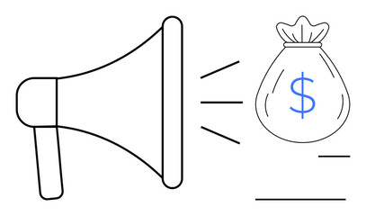 Megaphone emitting sound waves toward a money bag with a dollar sign. Ideal for marketing, advertising, financial success, business growth, revenue, communication, simple flat metaphor
