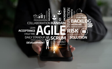 A business professional illustrates agile methodology principles using a smartphone, with visual elements highlighting scrum, kanban, and collaboration strategies in a modern office setting. Tessel