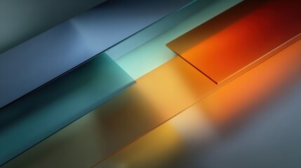 Abstract layered glass panels in teal, blue and orange tones with soft gradient light and reflections. Modern futuristic minimal design concept