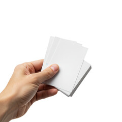 Hand holding blank business cards isolated on transparent background