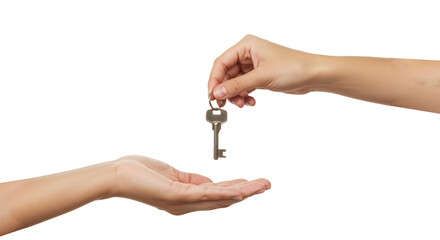 Hand giving a key to another hand isolated on transparent background