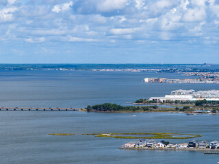 Aerial shot of hotels and condos and blue ocean water in Ocean City Maryland USA