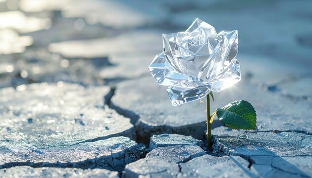 Crystal rose blooms from cracked ground, representing resilience and growth, showcasing intricate details, with a soft, diffused sunlight and a cool color palette.
