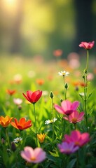Obraz premium Lush Spring Meadow Wildflowers Blooming in Warm Sunlight A Picturesque Scene of Natural Beauty and Renewal