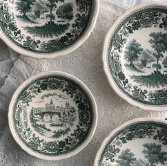 Plates from the vintage Burgenland tableware collection by German company Villeroy Boch. Released in the mid-20th century, the collection is known for its detailed landscapes and floral motifs