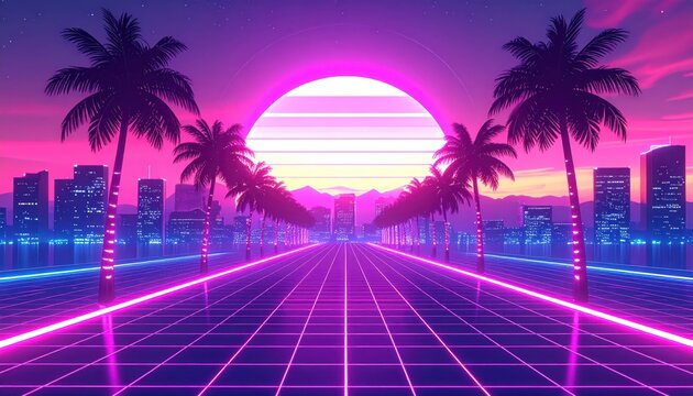 Neon lights illuminate a futuristic cityscape and road at sunset with palm trees lining the thoroughfare under a large, radiating sun in a synthwave, vaporwave, or retrowave style. - Powered by Adobe