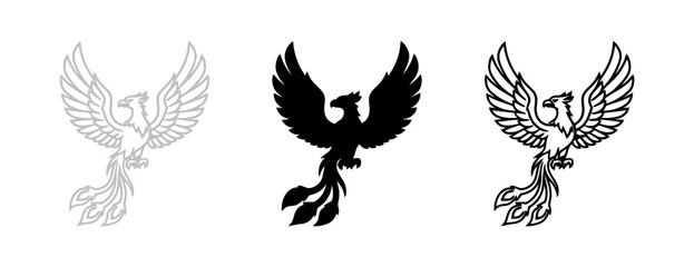 Fototapeta premium Three Phoenix Birds in Varying Graphic Styles Against a White Background