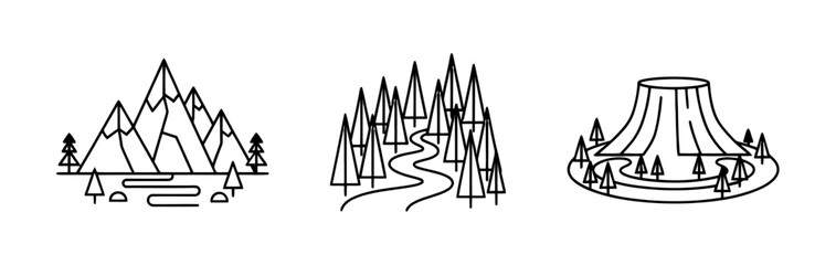 Mountain Forest and Rock Formation Black Line Icons for Outdoor Adventure