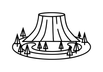 Line drawing featuring a plateau with vertical striations and triangular trees at its base.