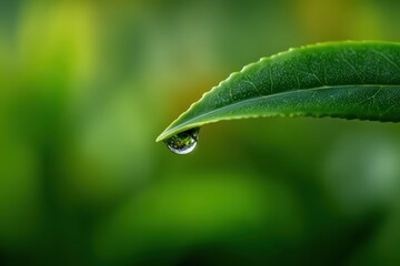 A single tea leaf with a water drop close up