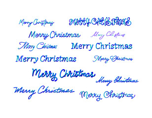 Set of Merry Christmas typography designs in blue gradient script fonts featuring various calligraphy styles and elegant lettering on a white background
