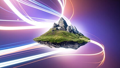 Dramatic fantasy landscape portrays a floating island with mountain peaks and lush greenery, illuminated by dynamic glowing light trails against a gradient purple and blue background, evoking...