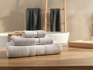 Soft beige towels neatly stacked on wood surface in modern minimalist bathroom with neutral decor, warm lighting and cozy spa concept. Ai generative