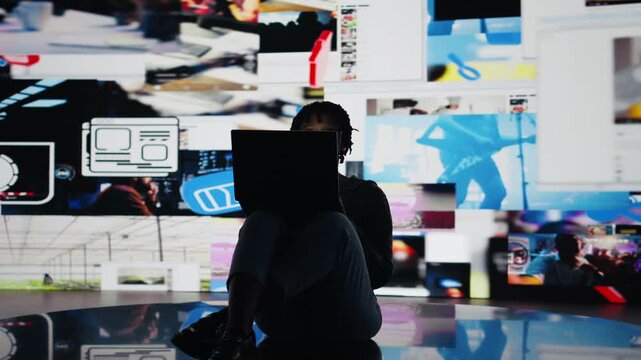 Teenager procrastinating online, browsing websites on laptop instead of doing school assignments. Lazy woman using notebook to have fun on internet instead of doing chores, camera A