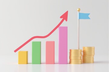 Colorful financial growth chart with rising arrow, creative pastel bars, and golden coins with flag on minimal white background. Concept of success. Ai generative