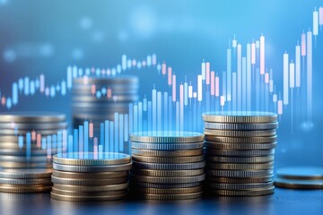 Stacks of coins shown in foreground with financial candlestick chart overlay, graphic style illustration, blue background, concept of financial growth. Ai generative