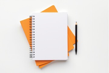 Blank spiral notebook placed over orange books beside pencil on clean white background, minimal top view concept for writing or creative planning. Ai generative