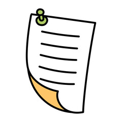 Simple Illustration of a Blank Paper Attached to a Surface with a Green Thumbtack Showing Horizontal Lines and Folded Corner Isolated on White Background