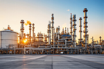 Large industrial refinery facility with complex piping and towers, realistic style on clear sunset background, concept of energy and production, Ai generative