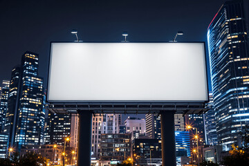 Large blank billboard structure with lights in night city skyline, surrounded by illuminated skyscrapers, concept of urban advertising, Ai generative