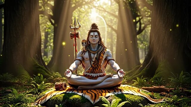 A Powerful depiction of lord shiva figure meditating in a lush forest, surrounded by golden light.