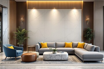 Contemporary living room with gray sectional sofa, yellow pillows, marble coffee table, wooden accents, and indoor plants on marble wall background. Ai generative