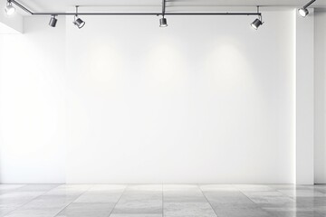 Empty modern gallery room with white wall, tiled floor, and ceiling spotlights in minimalist style on clean bright background. Concept of creative display. Ai generative