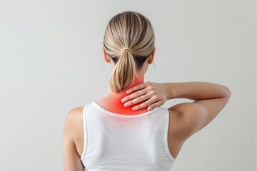 Woman touching sore neck with red pain area highlighted, illustration style on plain background, concept of muscle strain and body discomfort, Ai generative