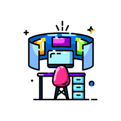 Workspace with Pink Chair and Multiple Monitors on Transparent Background