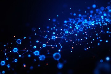 Glowing molecular network of blue nodes and lines on a dark gradient background, digital abstract style, concept of data science and innovation, Ai generative