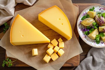 Yellow cheese wedges and cubes beside a floral plate of artichoke and herbs, natural light, wooden surface background, concept of fresh gourmet snack, Ai generative