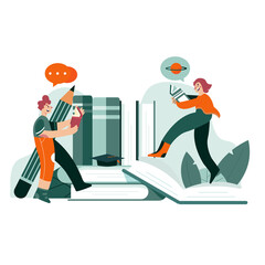 Two People Engaging with Books and Education Elements in a Stylized Illustration with Transparent Background