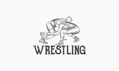 Two wrestlers grapple in intense athletic competition