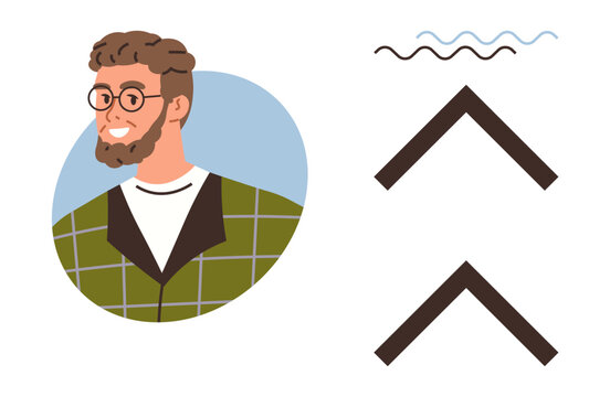 Portrait of a smiling man in glasses and plaid jacket against a blue circle. Wavy and angular design accents beside portrait. Ideal for creativity, fashion, modernity, trends, individuality, abstract