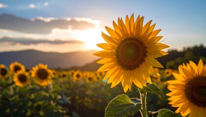 Fototapeta premium Vibrant sunflowers at sunset