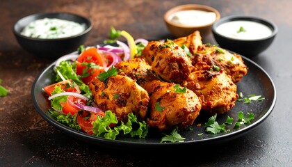 Spicy grilled chicken with salad and yogurt sauce