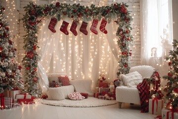 Elegant Indoor Christmas Decoration Scene with Presents and Festive Garland. Background.