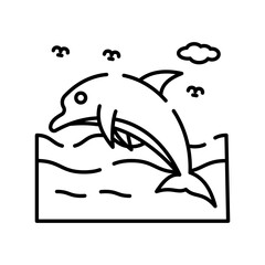 Simple Line Art Dolphin Leaping Over Waves With Minimalist Cloud Detail Ideal For Educational Or Decorative Use