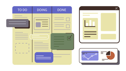 Task board with To Do, Doing, and Done columns, progress cards, and analytical charts. Ideal for productivity, organization, teamwork, planning task management workflow simple flat metaphor © robu_s