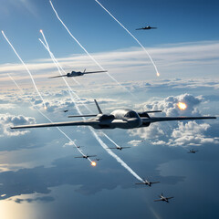 Advanced Stealth Fighter Formation Over Blue Sky and Ocean Landscape
