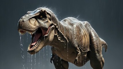 A roaring T-Rex stands dramatically in the rain, showcasing its fierce nature. - Powered by Adobe