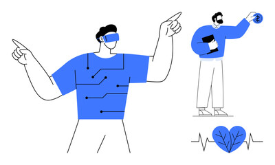 Person wearing VR headset with circuit-themed shirt, another holding a gadget and coin. Includes heart symbol, pulse line. Ideal for health, technology, AI, innovation, fitness virtual reality