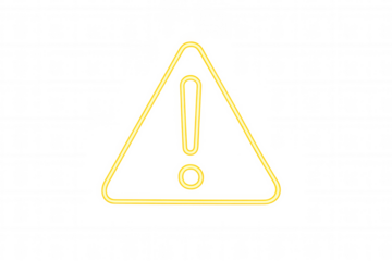 Yellow neon warning sign with exclamation mark, glowing hazard alert symbol, caution error digital concept, transparent background