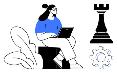 Woman sitting with laptop, chess rook symbolizing strategy, gear for problem-solving, surrounded by foliage. Ideal for planning, strategy, decision-making, team building, productivity