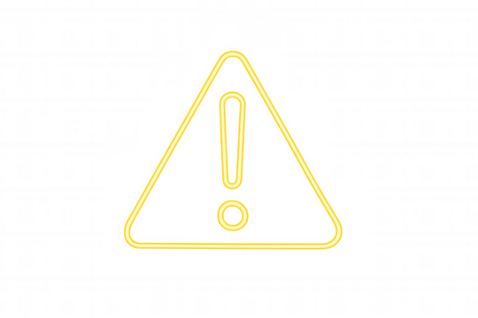 Yellow neon warning sign with exclamation mark, glowing hazard alert symbol, caution error digital concept, transparent background