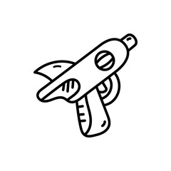Simple Line Art Illustration of a Futuristic Space Ray Gun with Fins and a Circular Element on a Transparent Background